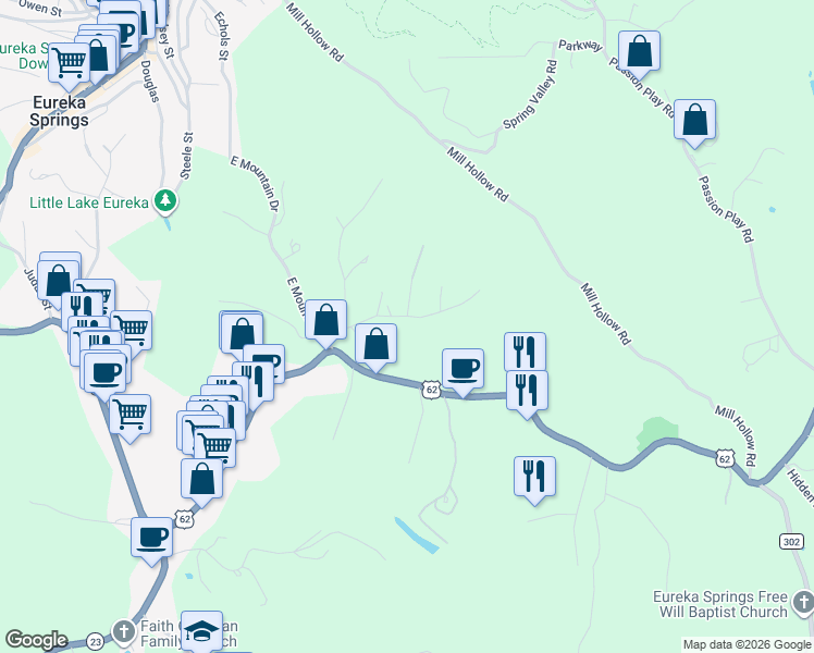 map of restaurants, bars, coffee shops, grocery stores, and more near 2 Huckleberry Lane in Eureka Springs