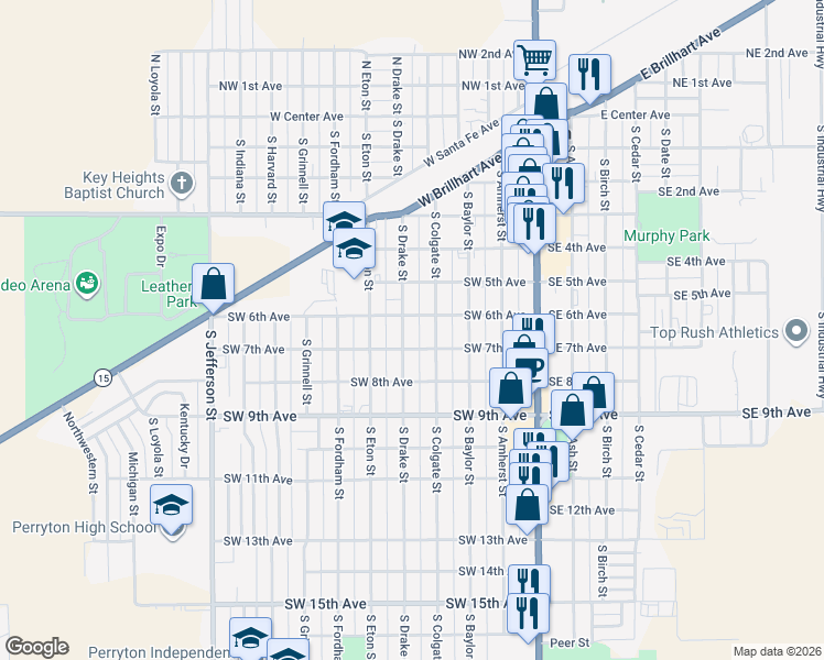 map of restaurants, bars, coffee shops, grocery stores, and more near 348-398 Southwest 6th Avenue in Perryton