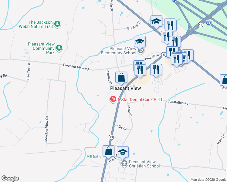 map of restaurants, bars, coffee shops, grocery stores, and more near 2536 Spring Street in Pleasant View