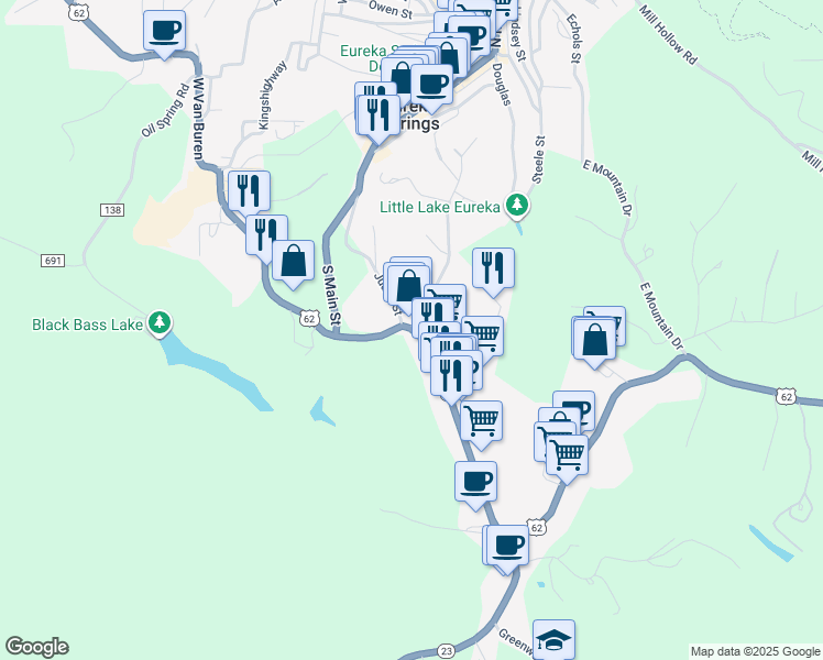 map of restaurants, bars, coffee shops, grocery stores, and more near 3 Judah Street in Eureka Springs