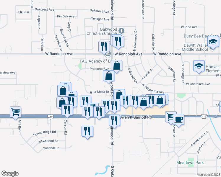map of restaurants, bars, coffee shops, grocery stores, and more near 4201 South La Mesa Drive in Enid