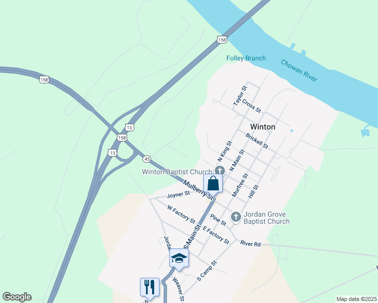 map of restaurants, bars, coffee shops, grocery stores, and more near 113 Chowan Way in Winton