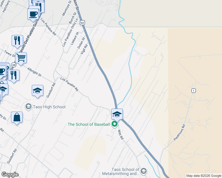 map of restaurants, bars, coffee shops, grocery stores, and more near 527-599 Don Nicholas Road in Taos
