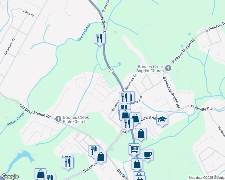 map of restaurants, bars, coffee shops, grocery stores, and more near 1070 Hammett Road in Johnson City