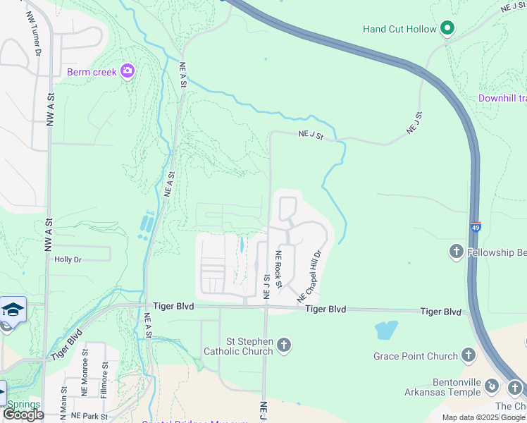 map of restaurants, bars, coffee shops, grocery stores, and more near 1801 Northeast J Street in Bentonville