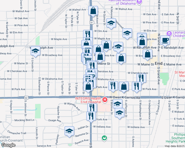 map of restaurants, bars, coffee shops, grocery stores, and more near 215 South Van Buren Street in Enid