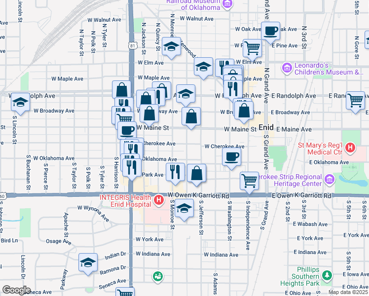 map of restaurants, bars, coffee shops, grocery stores, and more near 601 West Cherokee Avenue in Enid