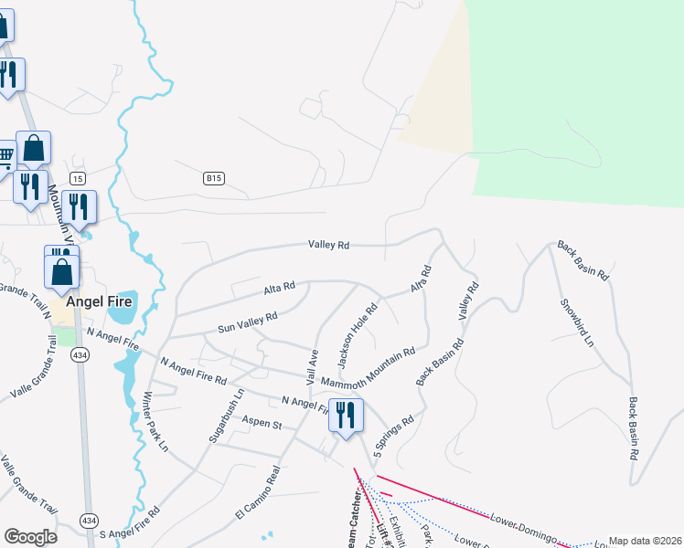 map of restaurants, bars, coffee shops, grocery stores, and more near 49 Alta Road in Angel Fire
