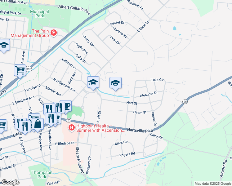 map of restaurants, bars, coffee shops, grocery stores, and more near 780 Hart Street in Gallatin