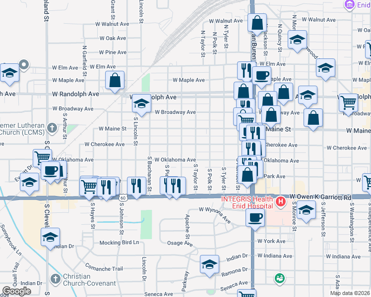 map of restaurants, bars, coffee shops, grocery stores, and more near 1419 West Cherokee Avenue in Enid
