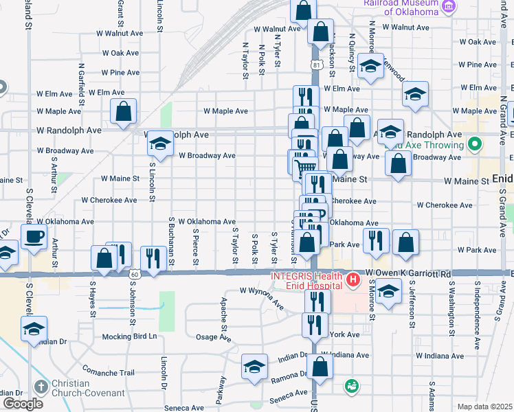 map of restaurants, bars, coffee shops, grocery stores, and more near 1203 West Cherokee Avenue in Enid