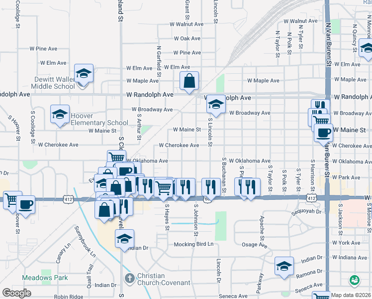 map of restaurants, bars, coffee shops, grocery stores, and more near 1911 West Cherokee Avenue in Enid