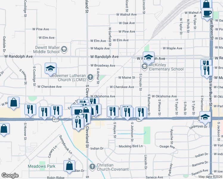 map of restaurants, bars, coffee shops, grocery stores, and more near 2123 West Cherokee Avenue in Enid