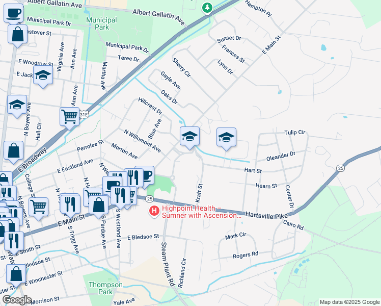 map of restaurants, bars, coffee shops, grocery stores, and more near 695 East Main Street in Gallatin