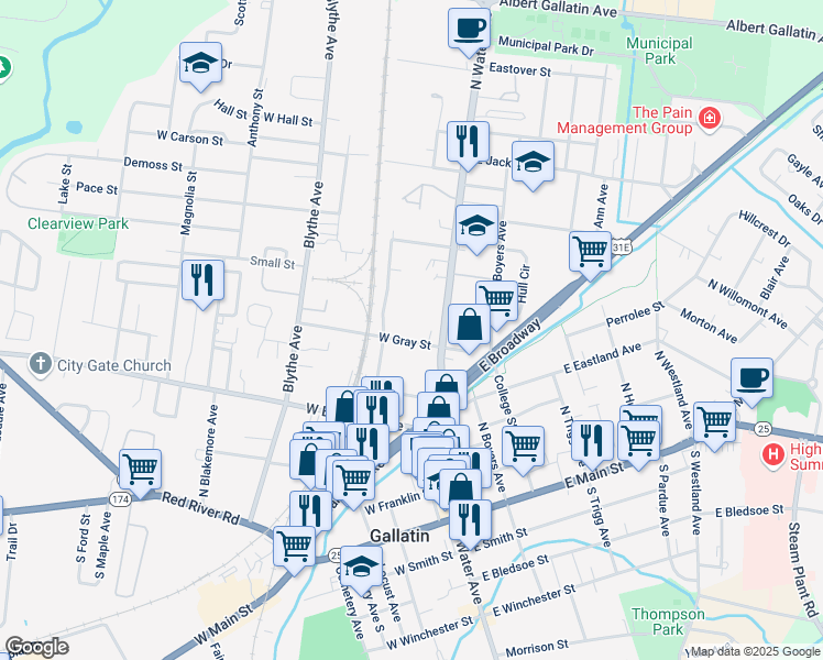 map of restaurants, bars, coffee shops, grocery stores, and more near 200 West Gray Street in Gallatin