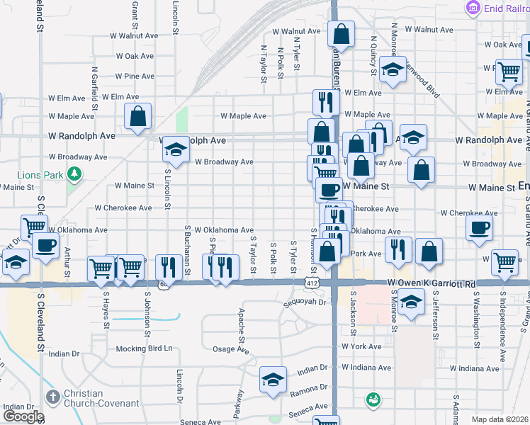 map of restaurants, bars, coffee shops, grocery stores, and more near 1311 West Cherokee Avenue in Enid