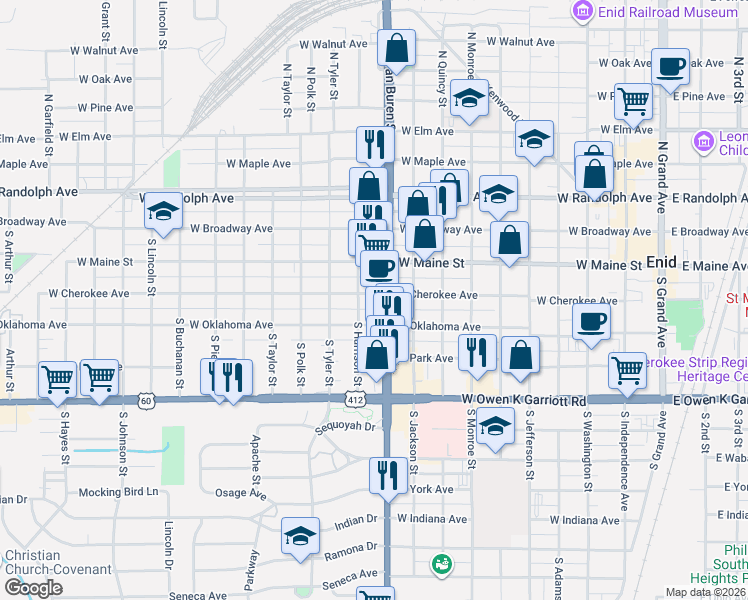 map of restaurants, bars, coffee shops, grocery stores, and more near 215 South Van Buren Street in Enid