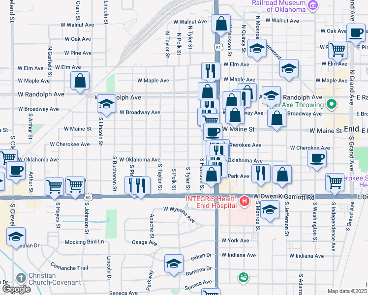 map of restaurants, bars, coffee shops, grocery stores, and more near 1203 West Cherokee Avenue in Enid