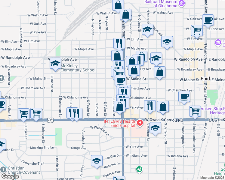 map of restaurants, bars, coffee shops, grocery stores, and more near 1101 West Cherokee Avenue in Enid