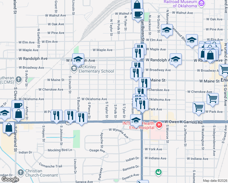 map of restaurants, bars, coffee shops, grocery stores, and more near 1311 West Cherokee Avenue in Enid