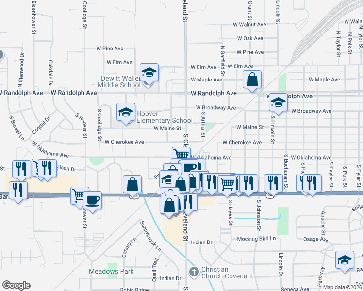 map of restaurants, bars, coffee shops, grocery stores, and more near 2401 West Cherokee Avenue in Enid