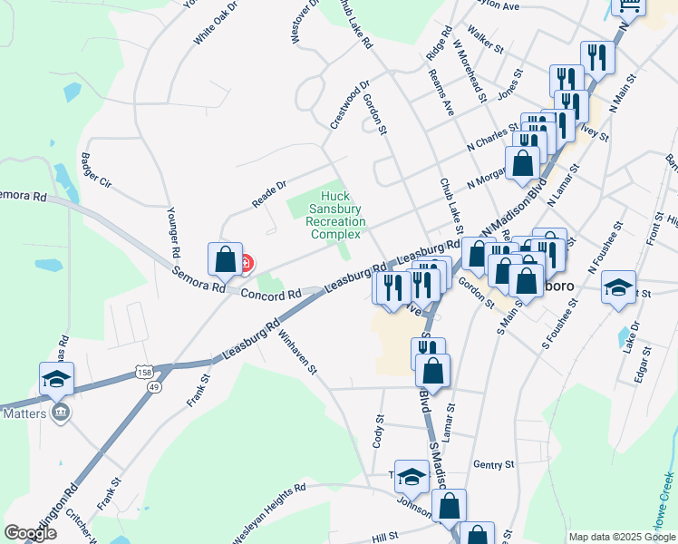map of restaurants, bars, coffee shops, grocery stores, and more near 331 Leasburg Road in Roxboro