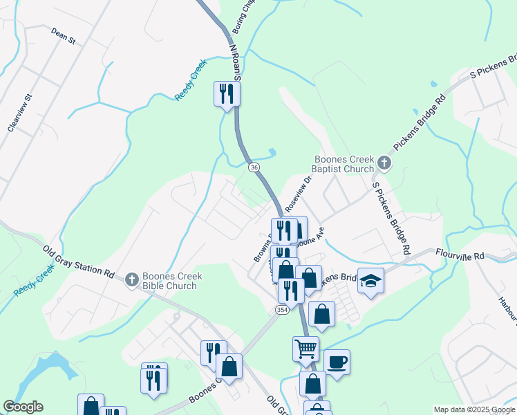 map of restaurants, bars, coffee shops, grocery stores, and more near 1070 Hammett Road in Johnson City