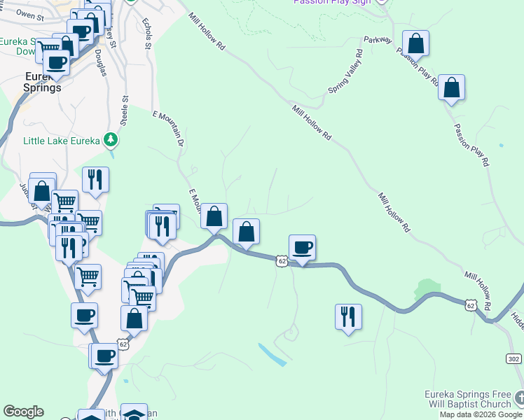 map of restaurants, bars, coffee shops, grocery stores, and more near 2 Huckleberry Lane in Eureka Springs