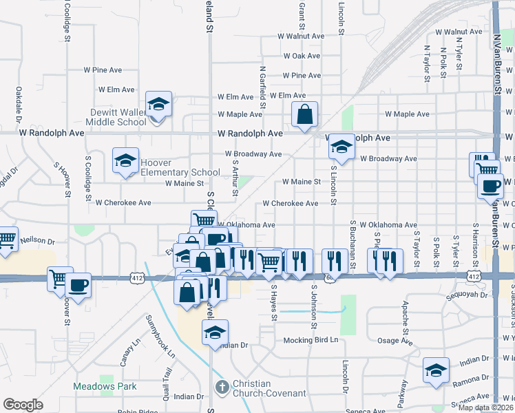 map of restaurants, bars, coffee shops, grocery stores, and more near 2123 West Cherokee Avenue in Enid