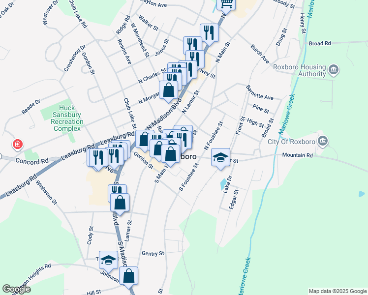 map of restaurants, bars, coffee shops, grocery stores, and more near 210 North Main Street in Roxboro