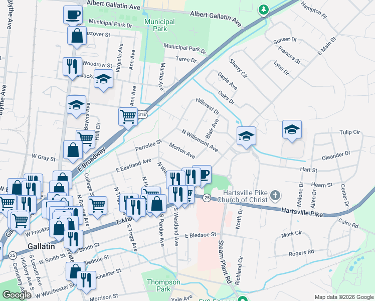 map of restaurants, bars, coffee shops, grocery stores, and more near 259 Morton Avenue in Gallatin