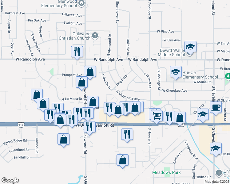 map of restaurants, bars, coffee shops, grocery stores, and more near 3411 West Oklahoma Avenue in Enid
