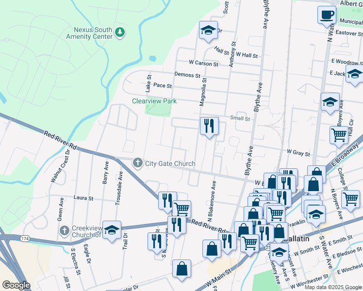 map of restaurants, bars, coffee shops, grocery stores, and more near 580 Hill Street in Gallatin