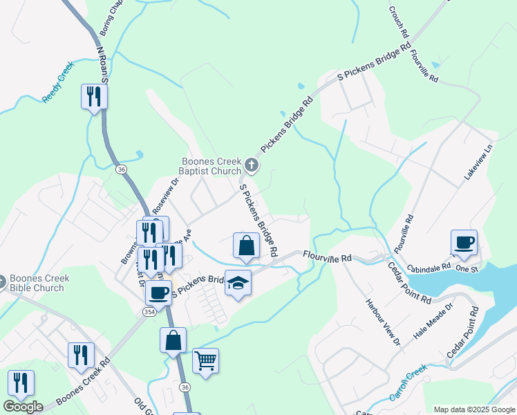 map of restaurants, bars, coffee shops, grocery stores, and more near 280 Pickens Bridge Road in Johnson City