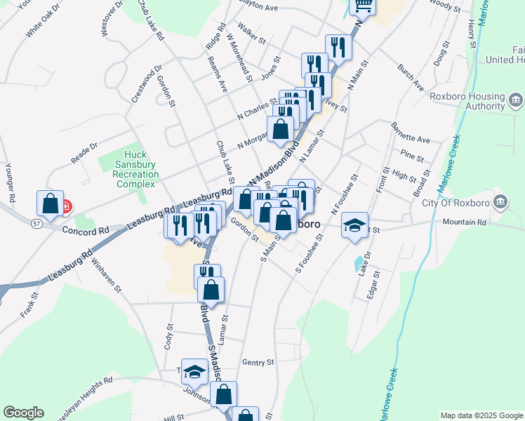 map of restaurants, bars, coffee shops, grocery stores, and more near Court Street in Roxboro