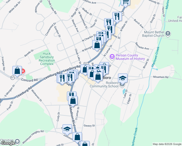 map of restaurants, bars, coffee shops, grocery stores, and more near Court Street in Roxboro