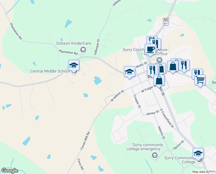 map of restaurants, bars, coffee shops, grocery stores, and more near 118 Pickshin Avenue in Dobson