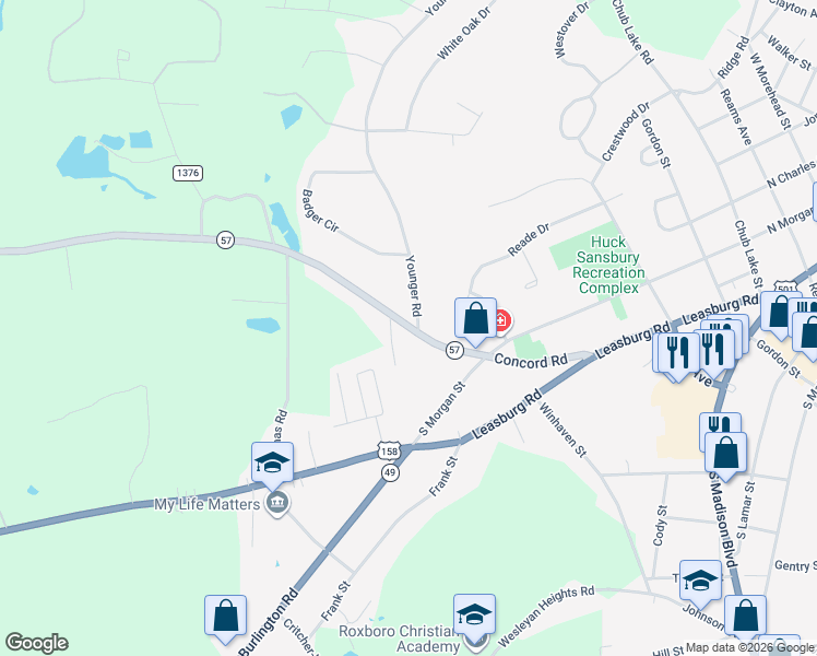 map of restaurants, bars, coffee shops, grocery stores, and more near 157 Semora Road in Roxboro