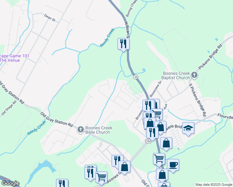 map of restaurants, bars, coffee shops, grocery stores, and more near 740 Candor Road in Johnson City
