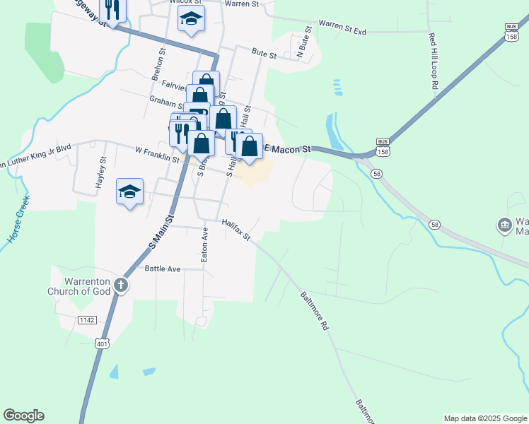 map of restaurants, bars, coffee shops, grocery stores, and more near 200 Hall Memorial Drive in Warrenton