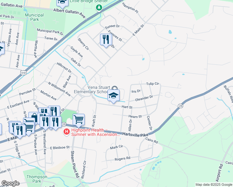 map of restaurants, bars, coffee shops, grocery stores, and more near 780 Hart Street in Gallatin
