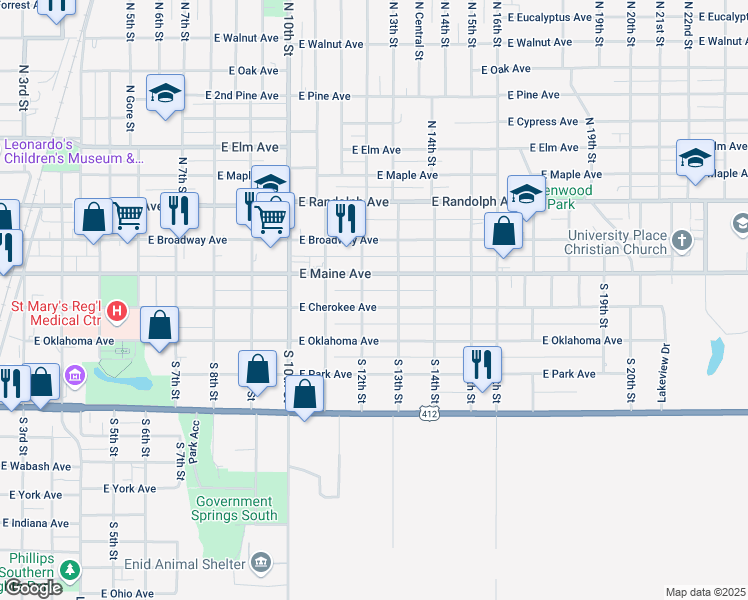 map of restaurants, bars, coffee shops, grocery stores, and more near 1210 East Cherokee Avenue in Enid