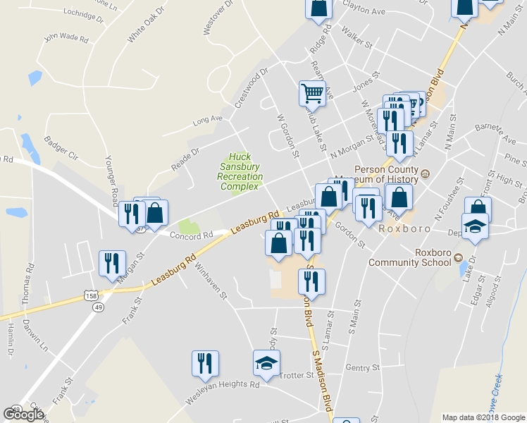 map of restaurants, bars, coffee shops, grocery stores, and more near 313 Leasburg Road in Roxboro