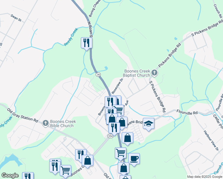 map of restaurants, bars, coffee shops, grocery stores, and more near 4833 North Roan Street in Johnson City