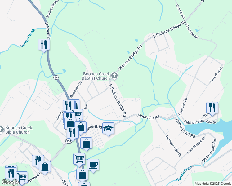 map of restaurants, bars, coffee shops, grocery stores, and more near 280 Pickens Bridge Road in Johnson City