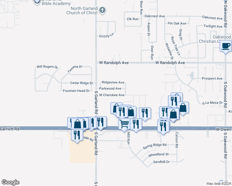 map of restaurants, bars, coffee shops, grocery stores, and more near 5114 West Cherokee Avenue in Enid