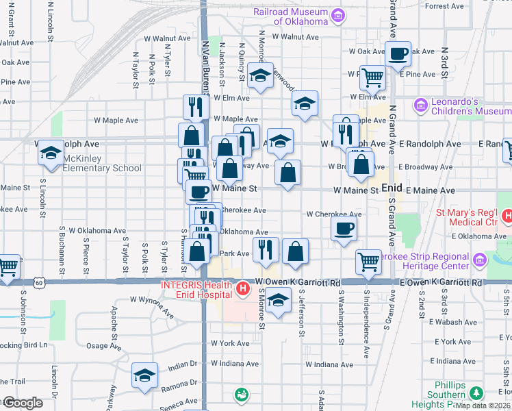 map of restaurants, bars, coffee shops, grocery stores, and more near 706 West Cherokee Avenue in Enid