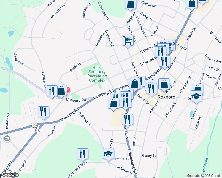 map of restaurants, bars, coffee shops, grocery stores, and more near 313 Leasburg Road in Roxboro