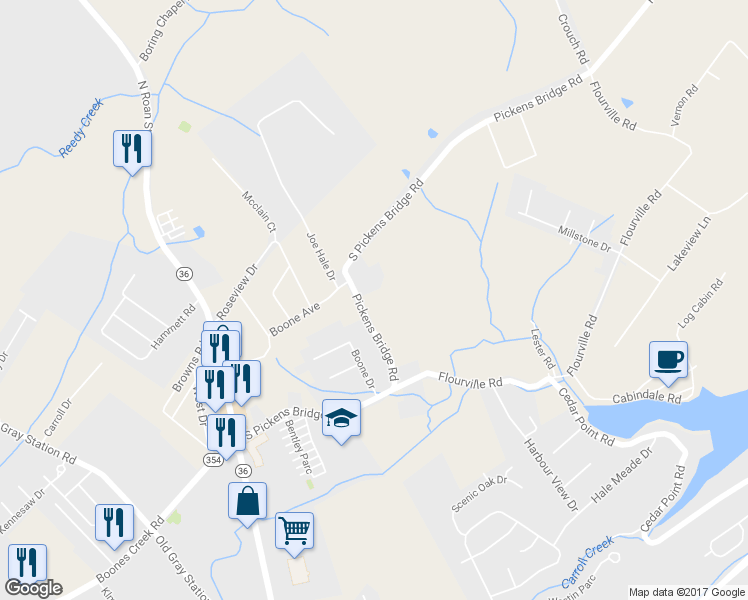 map of restaurants, bars, coffee shops, grocery stores, and more near 280 Pickens Bridge Road in Johnson City