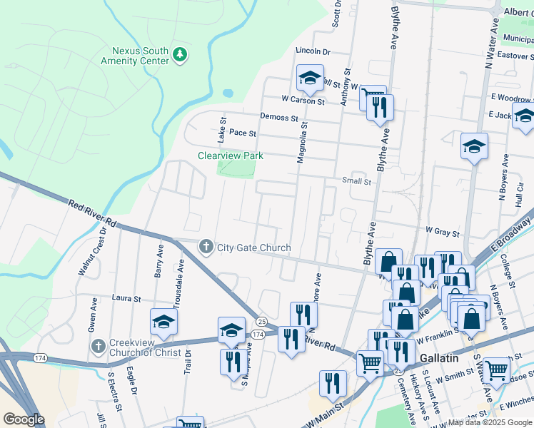 map of restaurants, bars, coffee shops, grocery stores, and more near 580 Hill Street in Gallatin